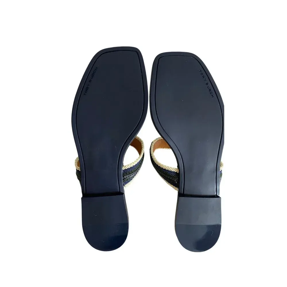Tory Burch Jessa Navy‎ Leather Thong Sandals Dragon Chain Stripe Webbing 9.5